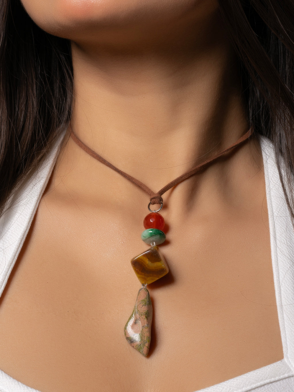 Semi Precious Yellow Brown Onyx Agste Green Unakite Lily Sleek necklace with adjustable Suede Cord LOOK AND ADORN - designed for you