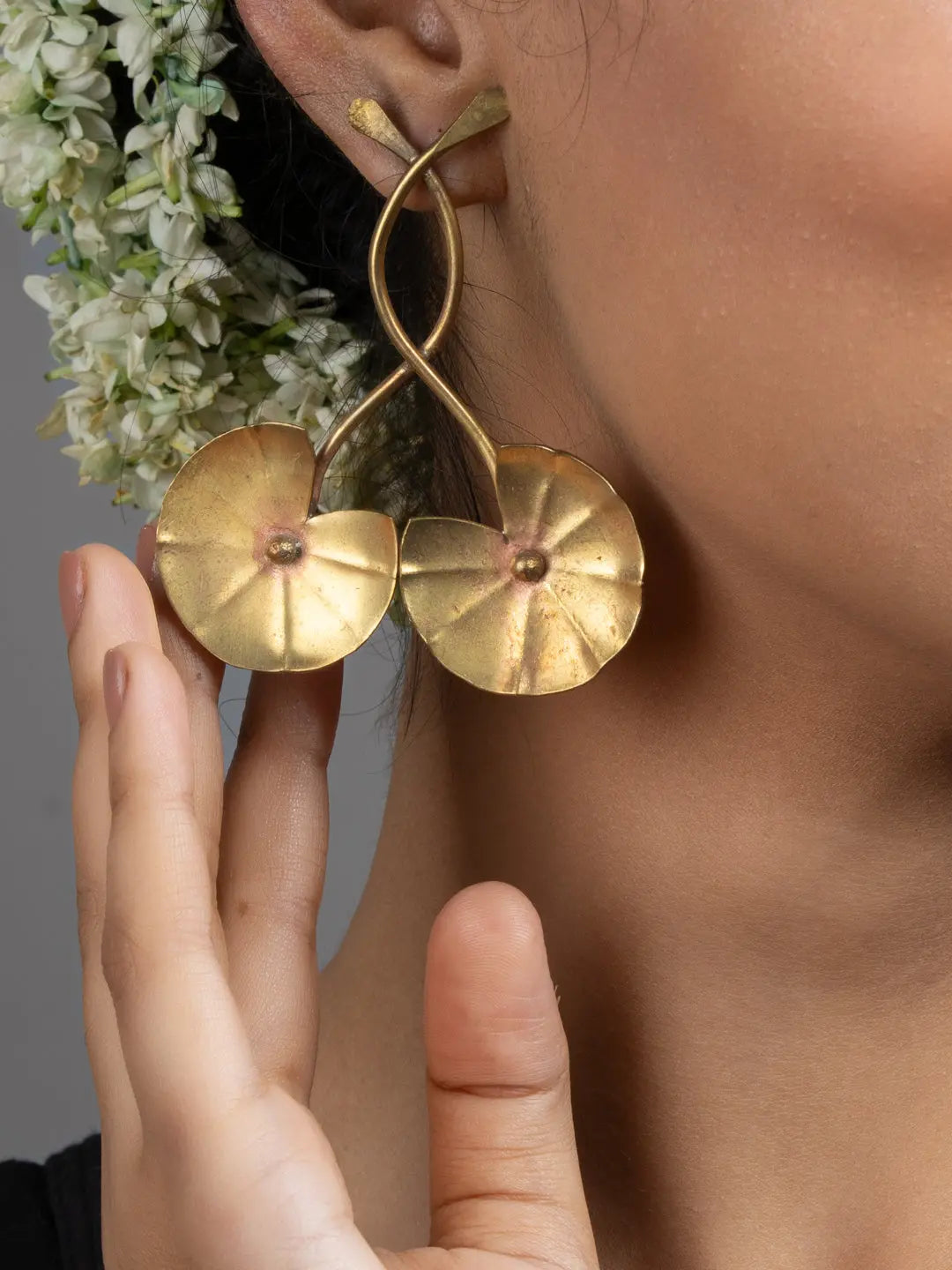 Golden Brass Lotus Leaf Stud Earrings - Lookandadorn.com