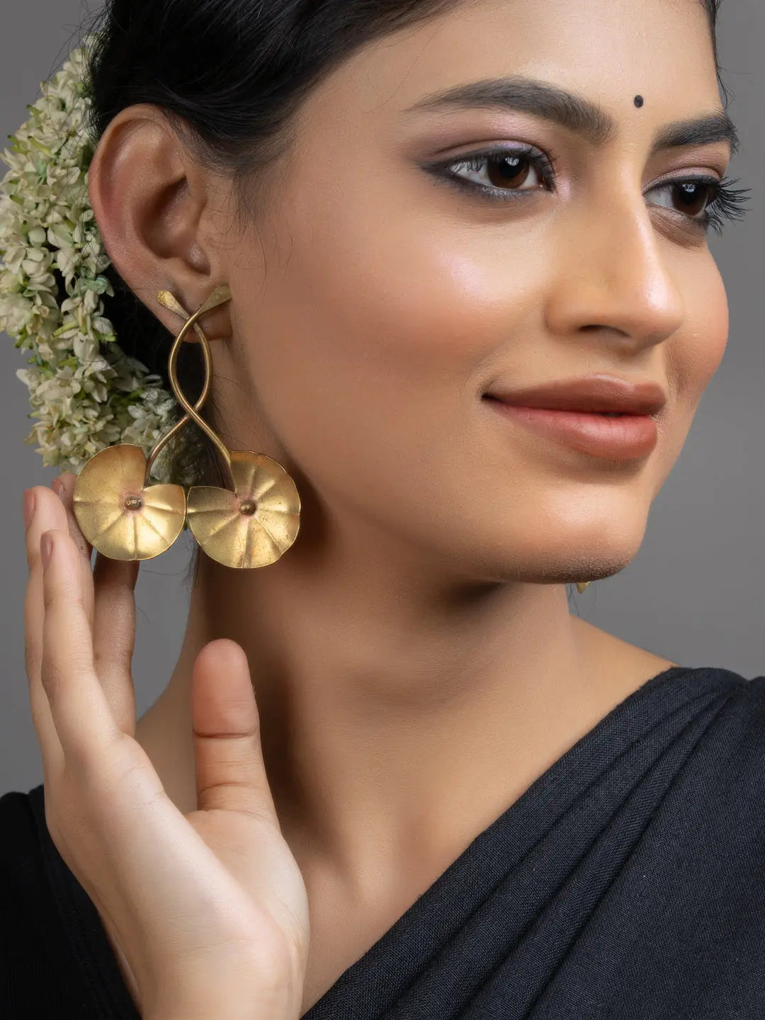 Golden Brass Lotus Leaf Stud Earrings - Lookandadorn.com