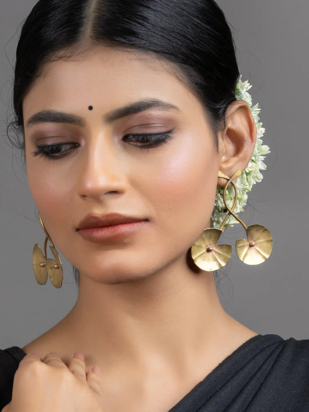 Golden Brass Lotus Leaf Stud Earrings - Lookandadorn.com