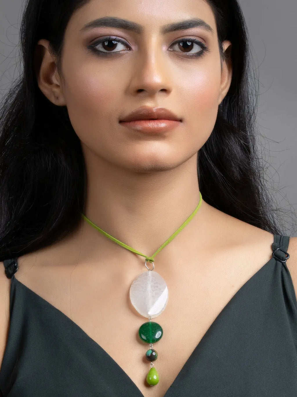 Shades of Green Onyx Jade Sleek Necklace with Adjustable Suede Cord - Lookandadorn.com
