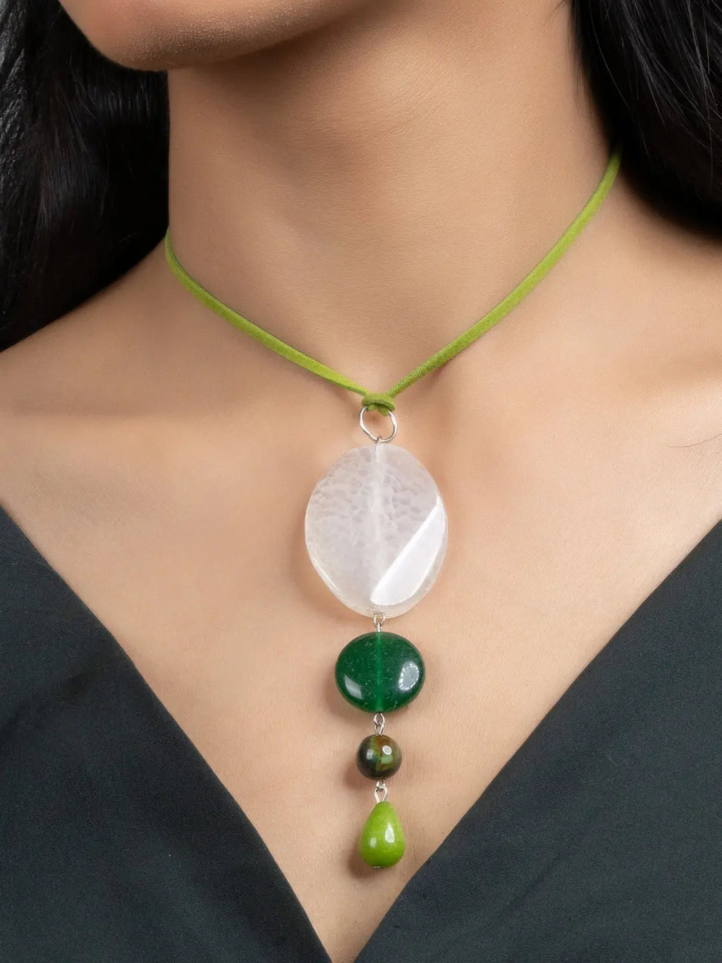 Shades of Green Onyx Jade Sleek Necklace with Adjustable Suede Cord - Lookandadorn.com