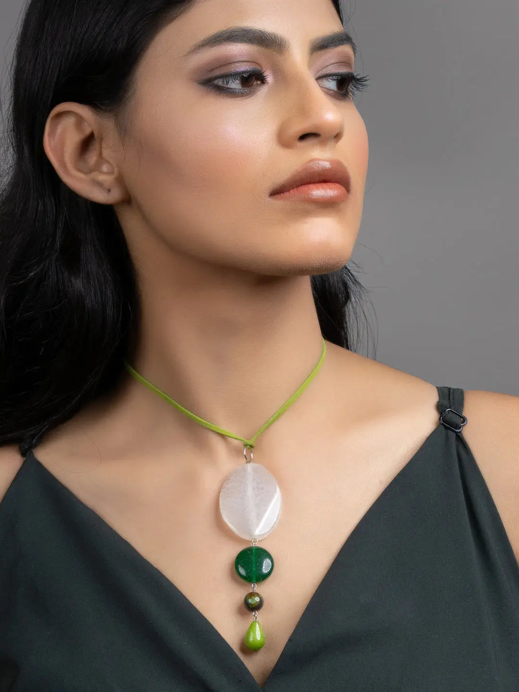 Shades of Green Onyx Jade Sleek Necklace with Adjustable Suede Cord - Lookandadorn.com