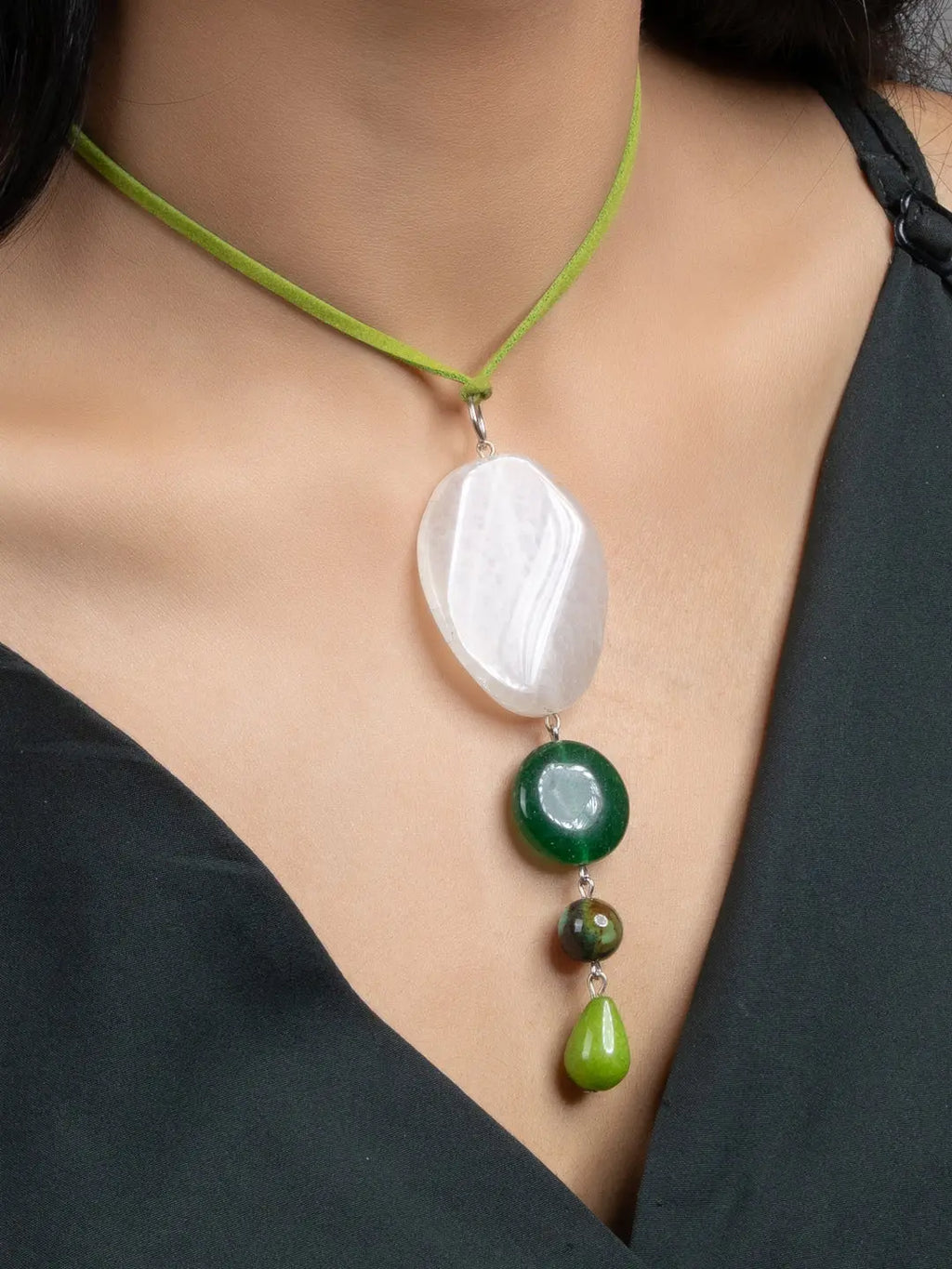 Shades of Green Onyx Jade Sleek Necklace with Adjustable Suede Cord - Lookandadorn.com