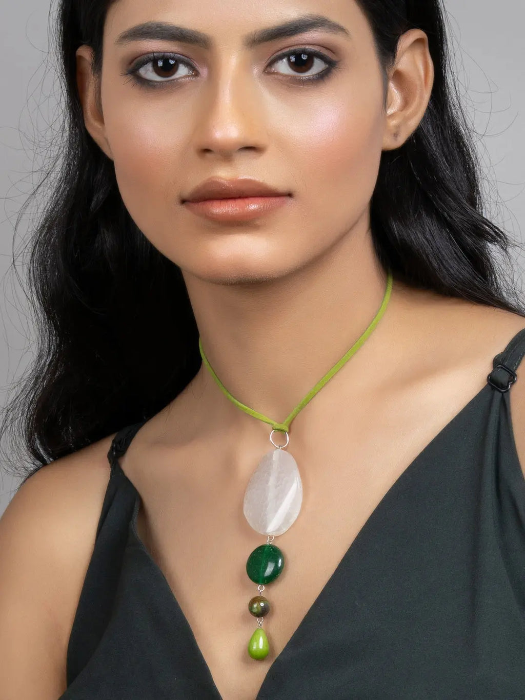 Shades of Green Onyx Jade Sleek Necklace with Adjustable Suede Cord - Lookandadorn.com