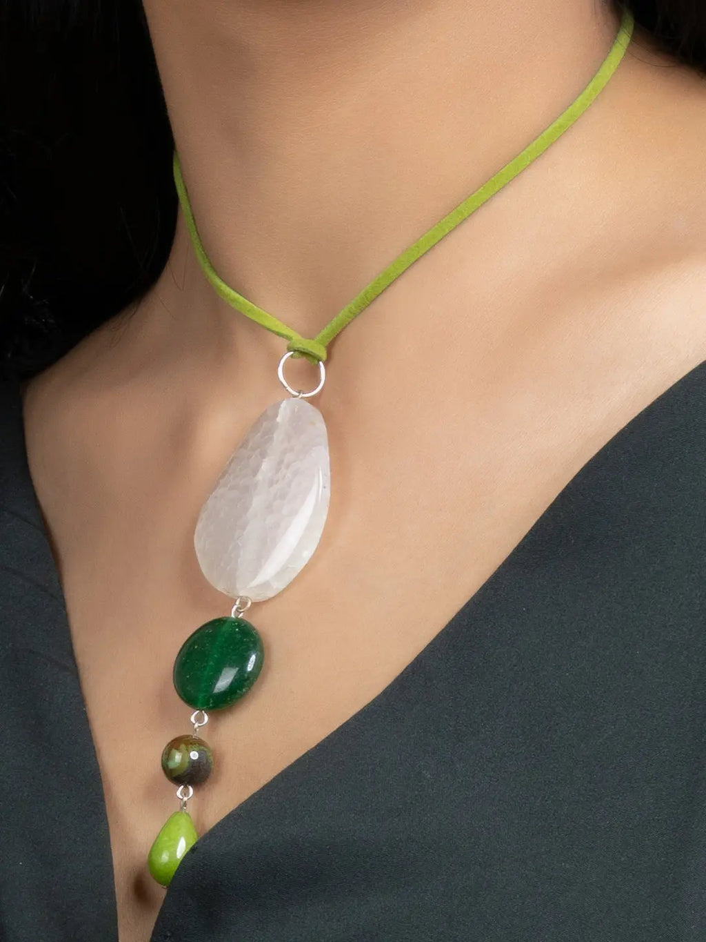 Shades of Green Onyx Jade Sleek Necklace with Adjustable Suede Cord - Lookandadorn.com