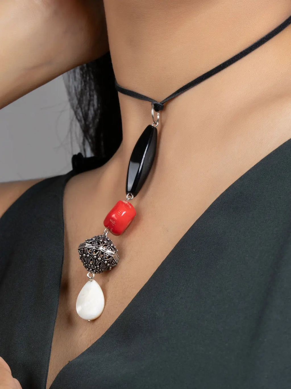White Red Black Mother of Pearl Coral Jade Sleek Necklace with Adjustable Suede Cord - Lookandadorn.com
