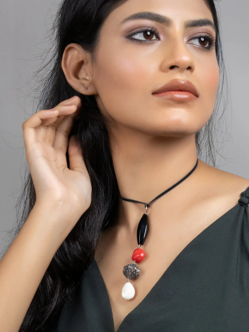 White Red Black Mother of Pearl Coral Jade Sleek Necklace with Adjustable Suede Cord - Lookandadorn.com