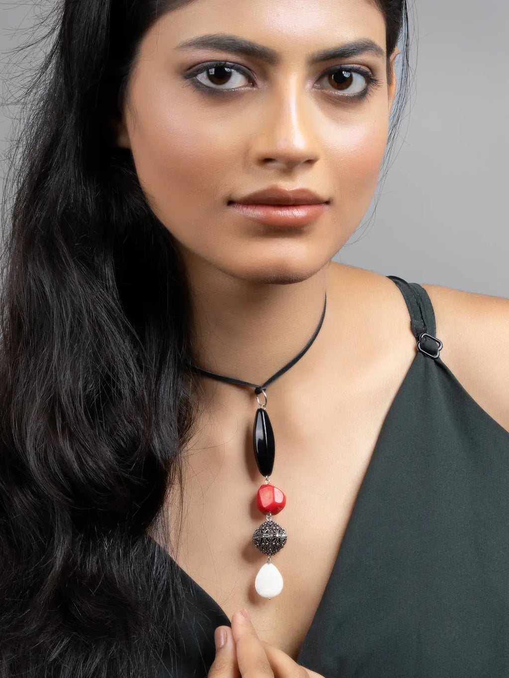 White Red Black Mother of Pearl Coral Jade Sleek Necklace with Adjustable Suede Cord - Lookandadorn.com