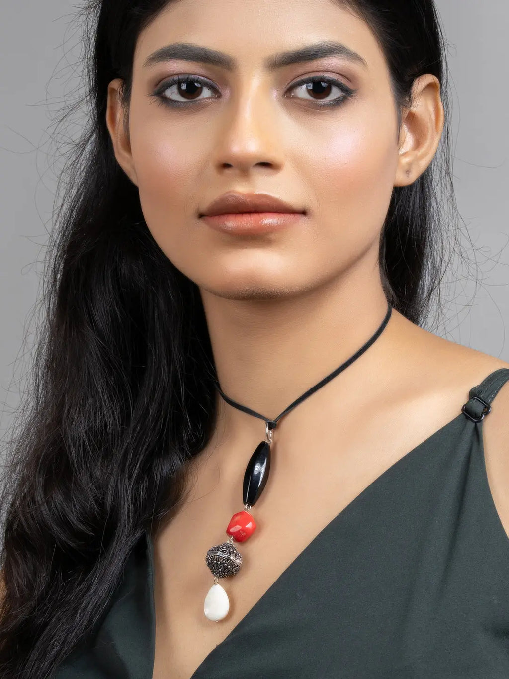 White Red Black Mother of Pearl Coral Jade Sleek Necklace with Adjustable Suede Cord - Lookandadorn.com