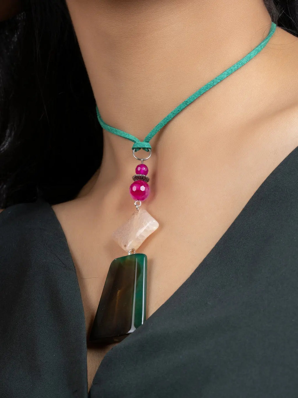 Dark Green Peach Pink Onyx Jade Sleek Necklace with Adjustable Suede Cord - Lookandadorn.com