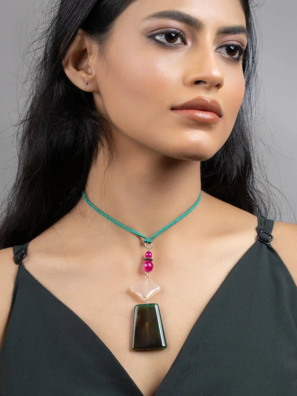 Dark Green Peach Pink Onyx Jade Sleek Necklace with Adjustable Suede Cord - Lookandadorn.com
