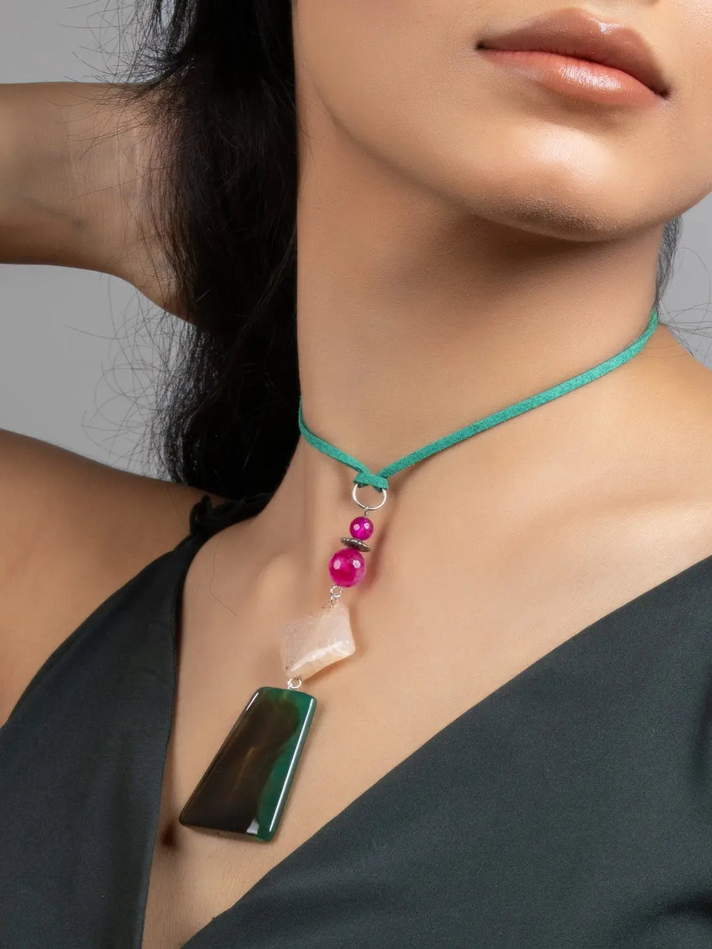 Dark Green Peach Pink Onyx Jade Sleek Necklace with Adjustable Suede Cord - Lookandadorn.com