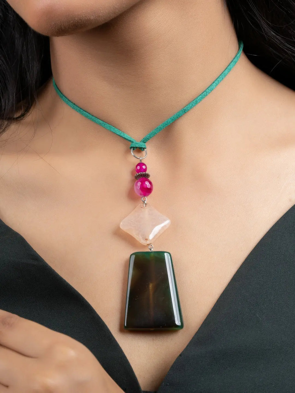 Dark Green Peach Pink Onyx Jade Sleek Necklace with Adjustable Suede Cord - Lookandadorn.com