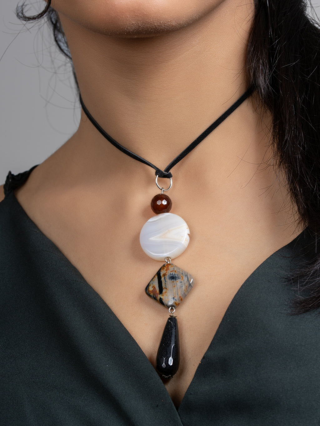 Black Brown Onyx Agate Sleek Necklace With Adjustable Suede Cord - Lookandadorn.com