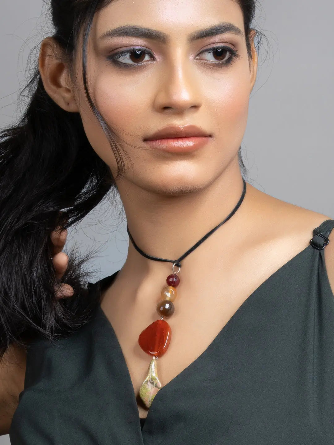 Green Brown Unakite Lily Onyx Jade Sleek Necklace with Adjustable Suede Cord - Lookandadorn.com