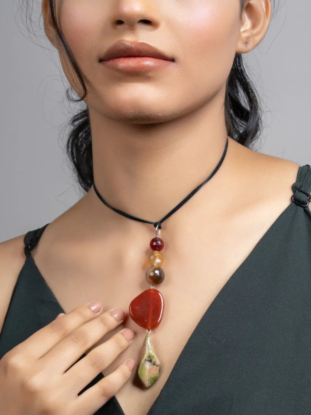 Green Brown Unakite Lily Onyx Jade Sleek Necklace with Adjustable Suede Cord - Lookandadorn.com
