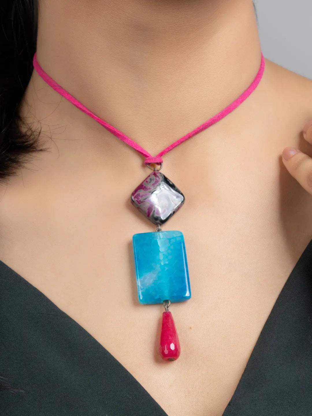 Pink Blue Onyx Jade Sleek Necklace with Adjustable Suede Cord - Lookandadorn.com