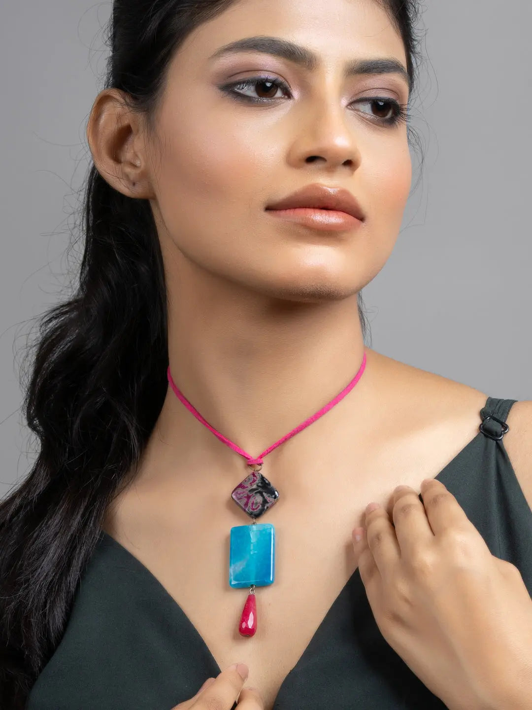 Pink Blue Onyx Jade Sleek Necklace with Adjustable Suede Cord - Lookandadorn.com