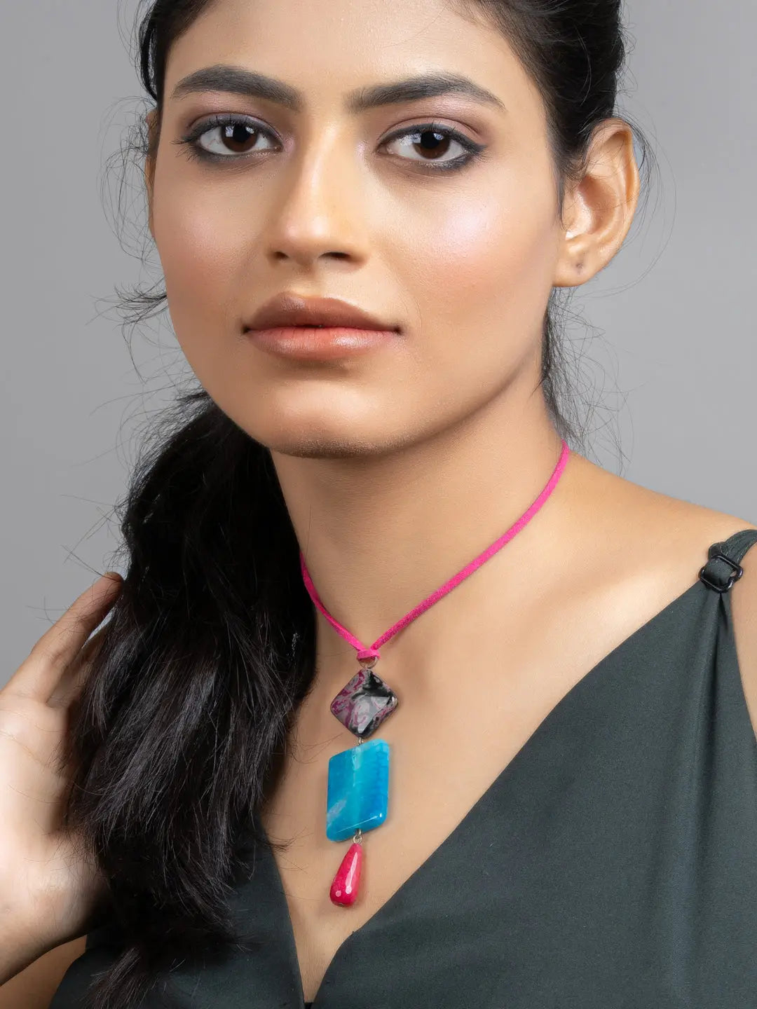 Pink Blue Onyx Jade Sleek Necklace with Adjustable Suede Cord - Lookandadorn.com