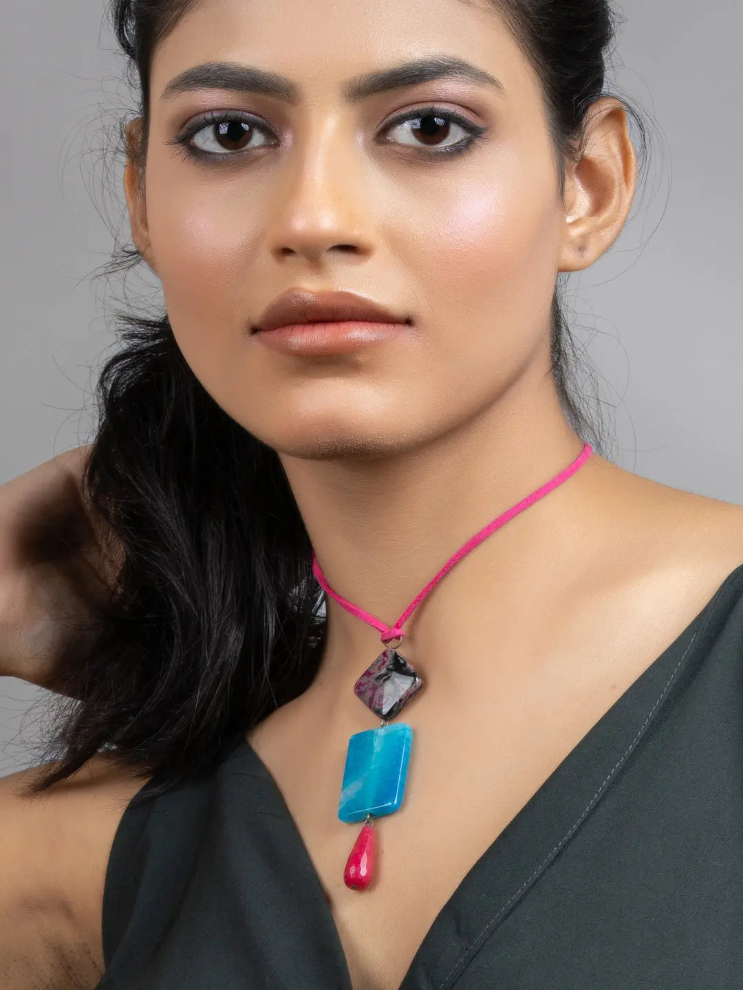 Pink Blue Onyx Jade Sleek Necklace with Adjustable Suede Cord - Lookandadorn.com