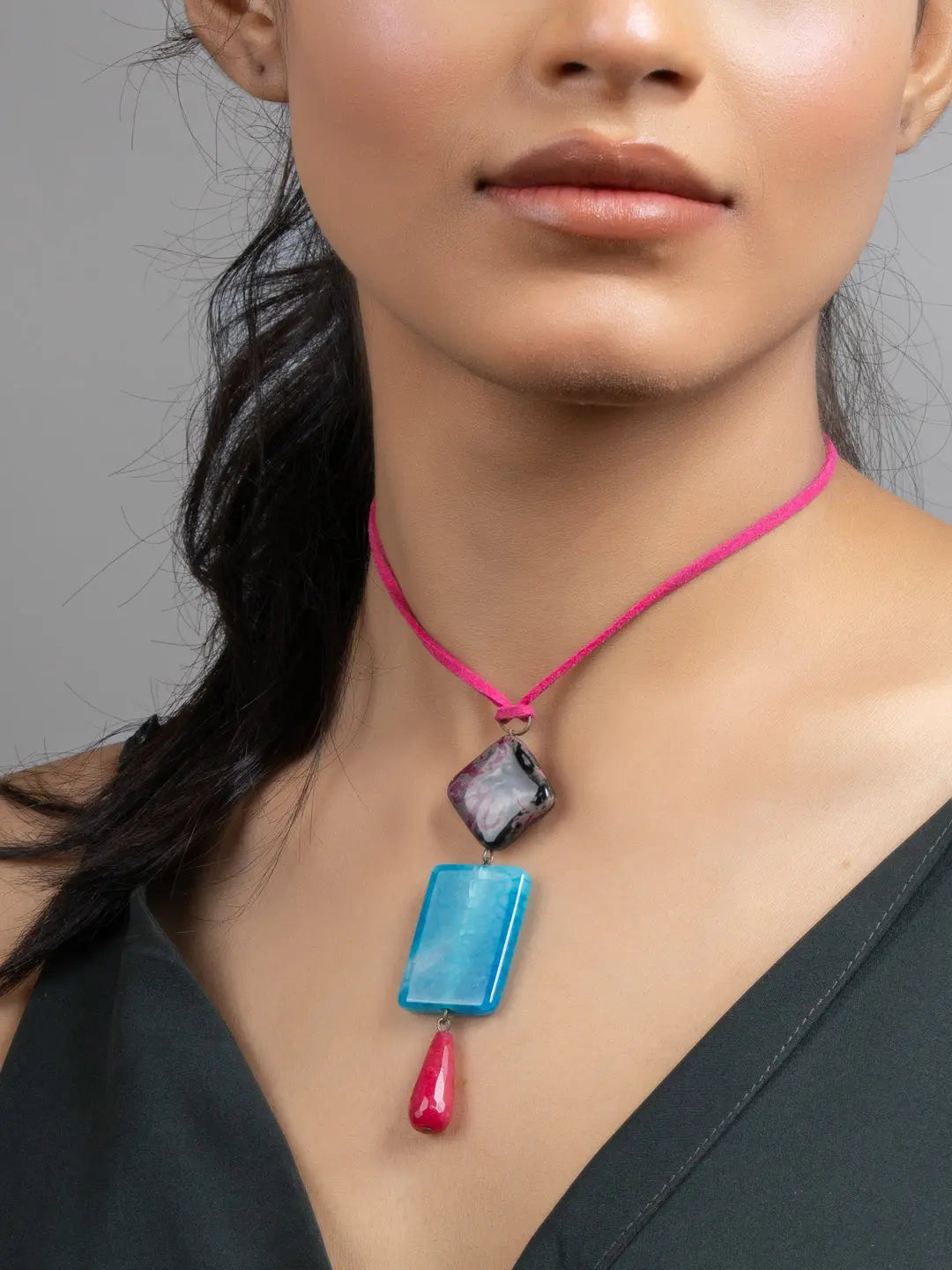 Pink Blue Onyx Jade Sleek Necklace with Adjustable Suede Cord - Lookandadorn.com