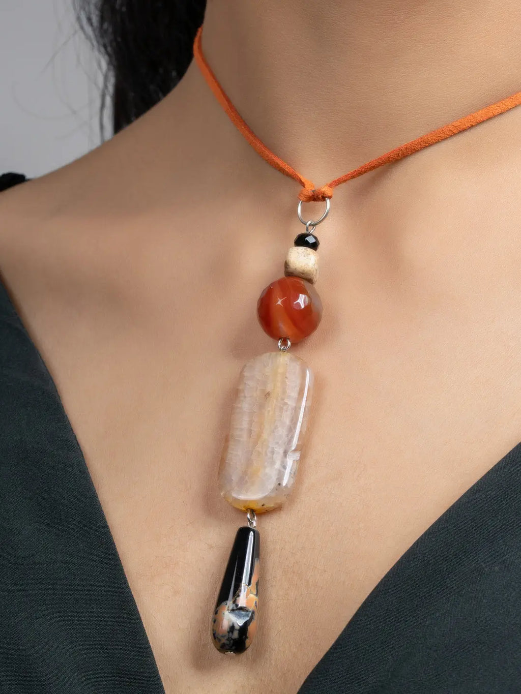 Black Brown Onyx Agate Sleek Necklace with Adjustable Suede Cord - Lookandadorn.com