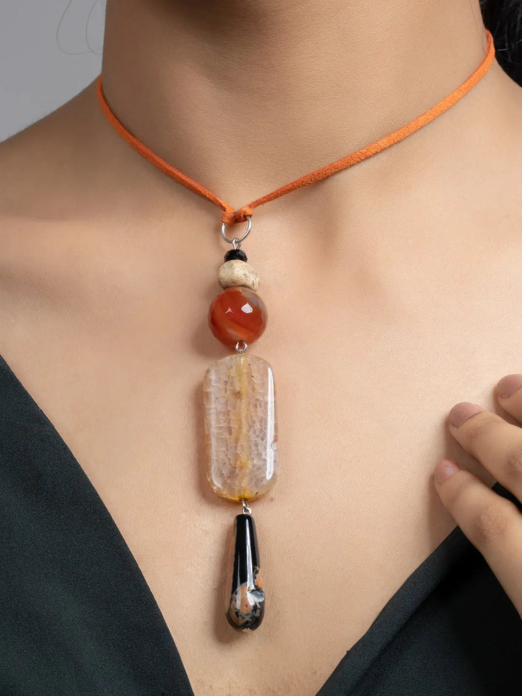 Black Brown Onyx Agate Sleek Necklace with Adjustable Suede Cord - Lookandadorn.com