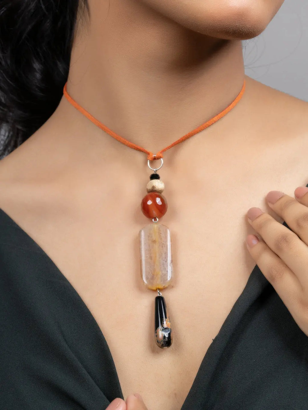 Black Brown Onyx Agate Sleek Necklace with Adjustable Suede Cord - Lookandadorn.com
