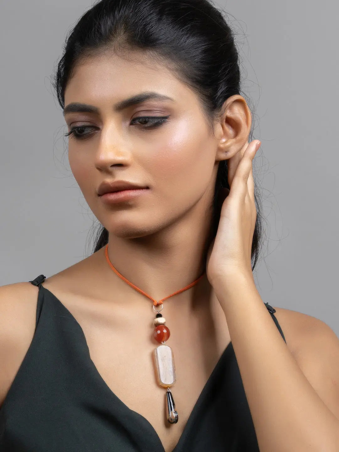 Black Brown Onyx Agate Sleek Necklace with Adjustable Suede Cord - Lookandadorn.com