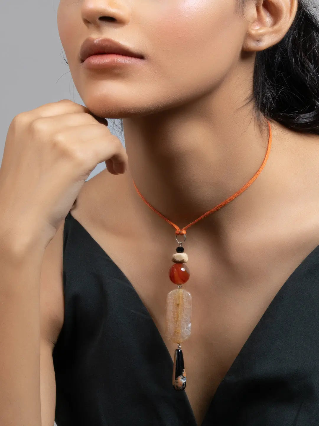 Black Brown Onyx Agate Sleek Necklace with Adjustable Suede Cord - Lookandadorn.com