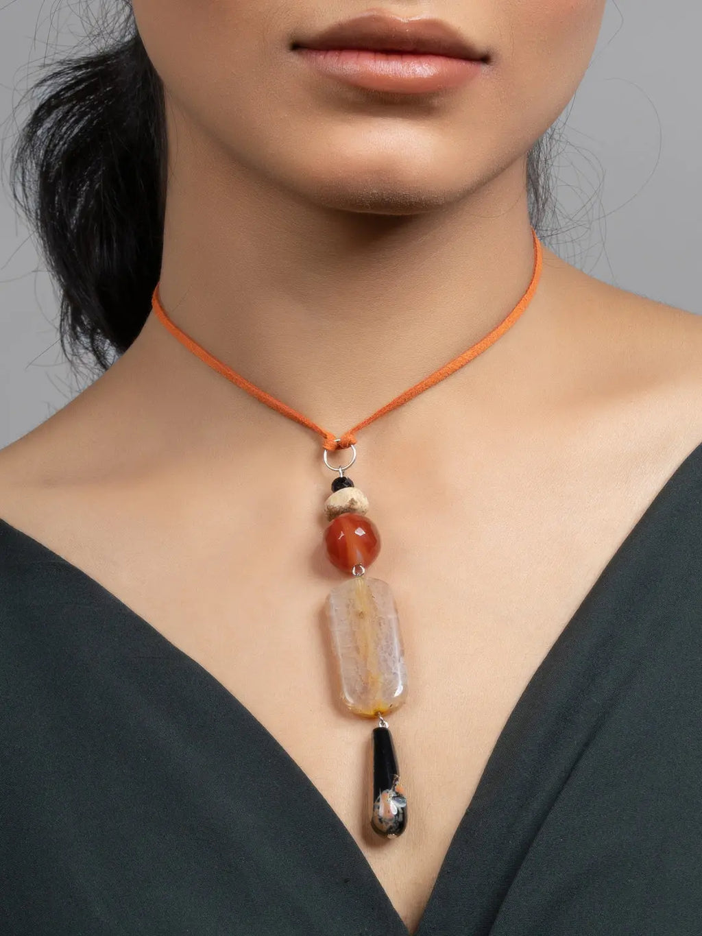 Black Brown Onyx Agate Sleek Necklace with Adjustable Suede Cord - Lookandadorn.com