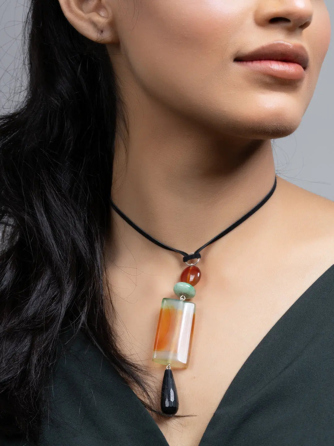 Black Green Brown Onyx Agate Sleek Necklace with Adjustable Suede Cord - Lookandadorn.com
