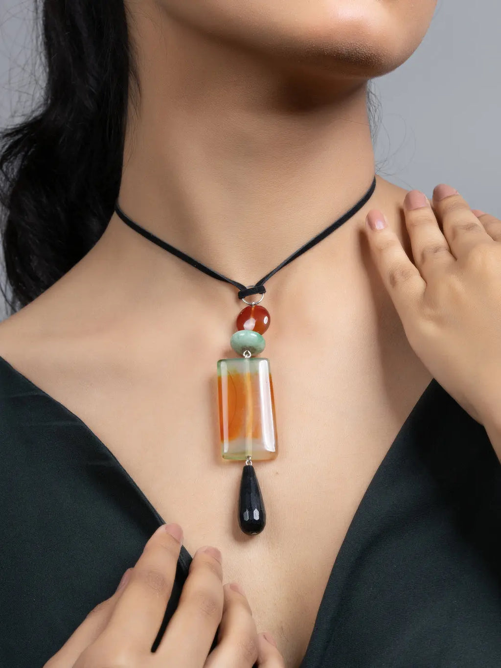 Black Green Brown Onyx Agate Sleek Necklace with Adjustable Suede Cord - Lookandadorn.com