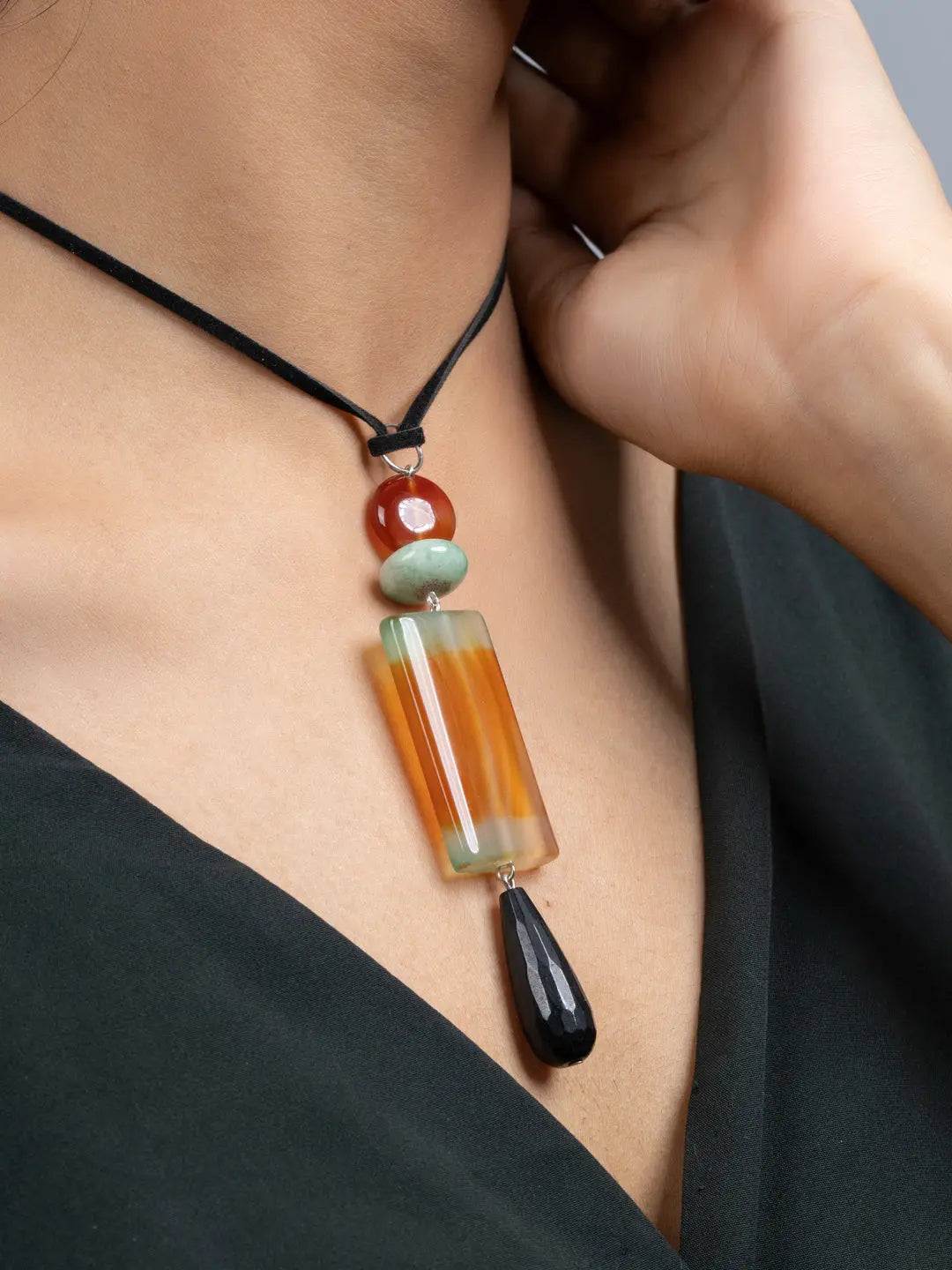 Black Green Brown Onyx Agate Sleek Necklace with Adjustable Suede Cord - Lookandadorn.com