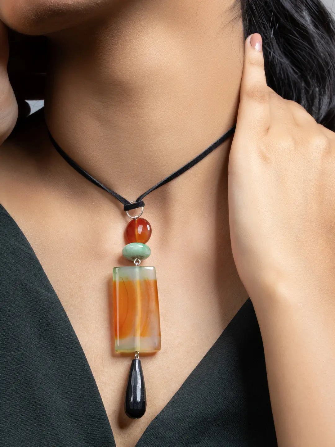Black Green Brown Onyx Agate Sleek Necklace with Adjustable Suede Cord - Lookandadorn.com
