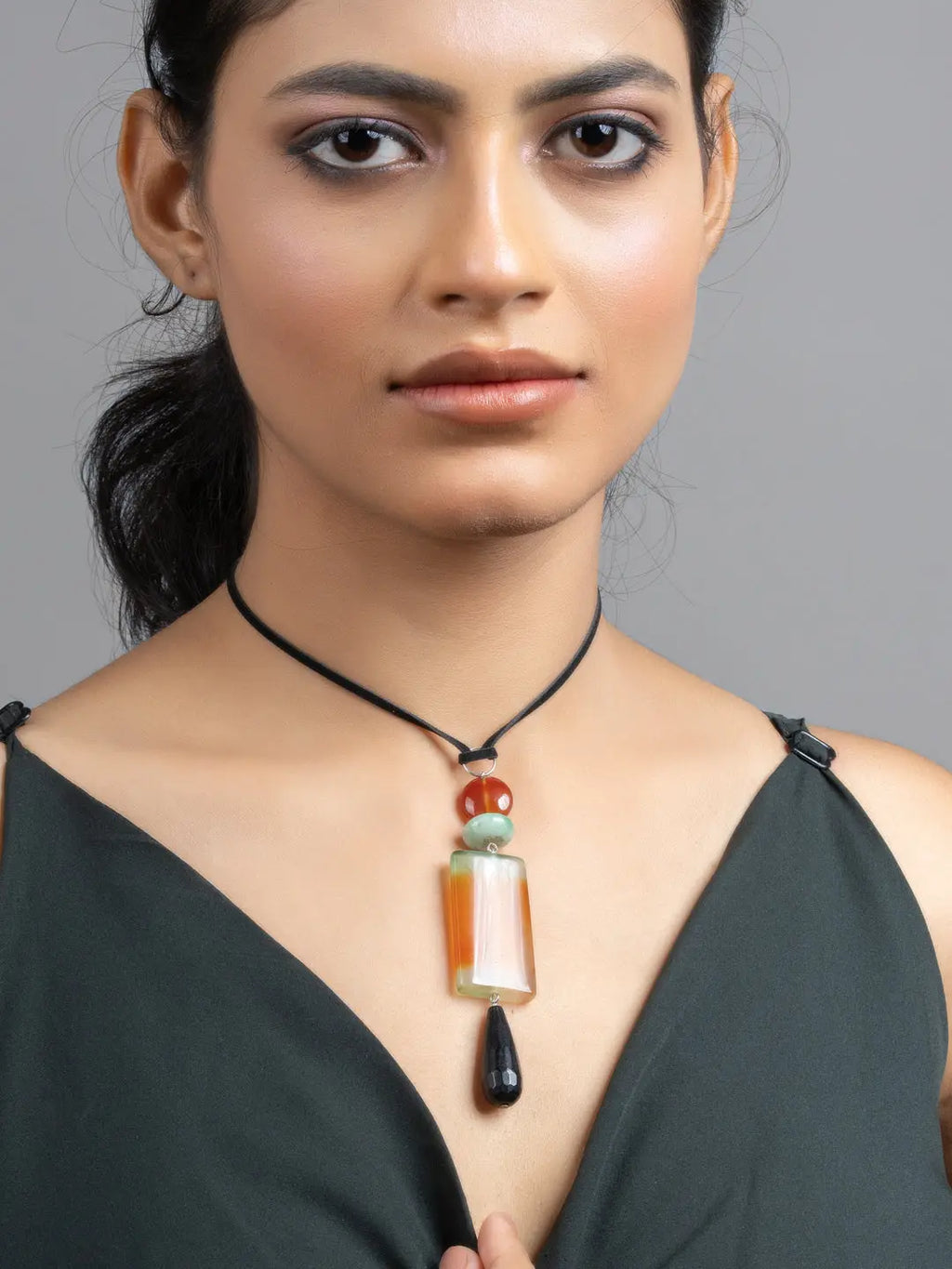 Black Green Brown Onyx Agate Sleek Necklace with Adjustable Suede Cord - Lookandadorn.com