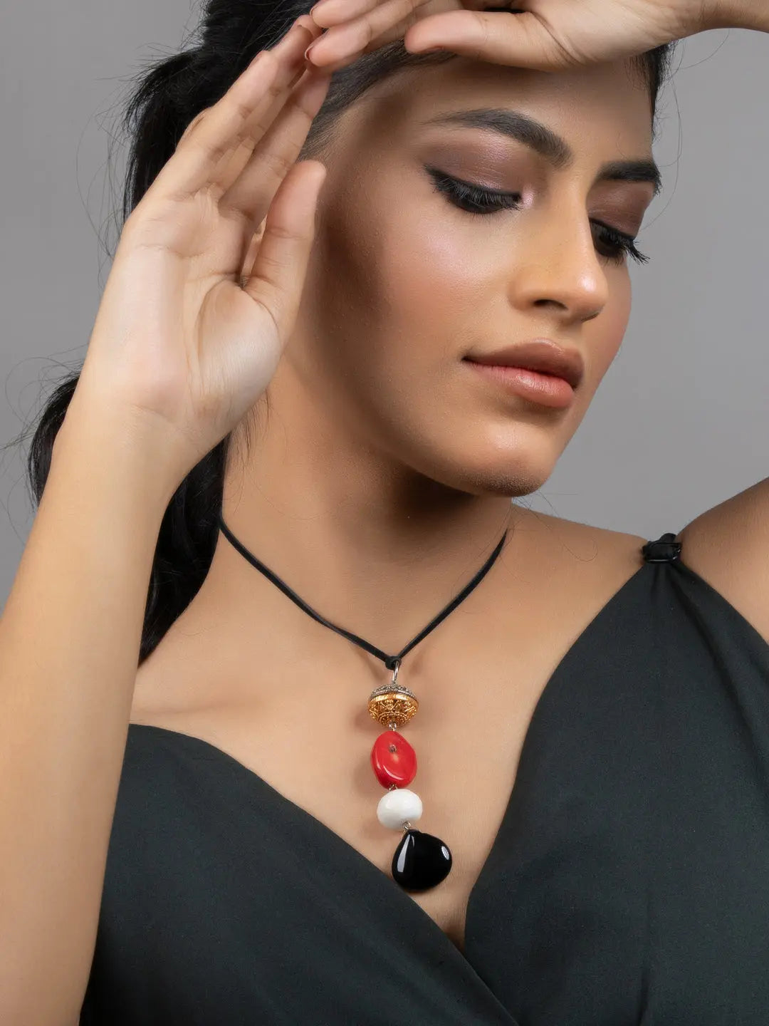 Red Black White Coral Jade Sleek Necklace with Adjustable Suede Cord - Lookandadorn.com