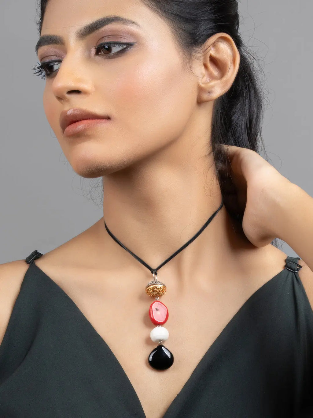 Red Black White Coral Jade Sleek Necklace with Adjustable Suede Cord - Lookandadorn.com