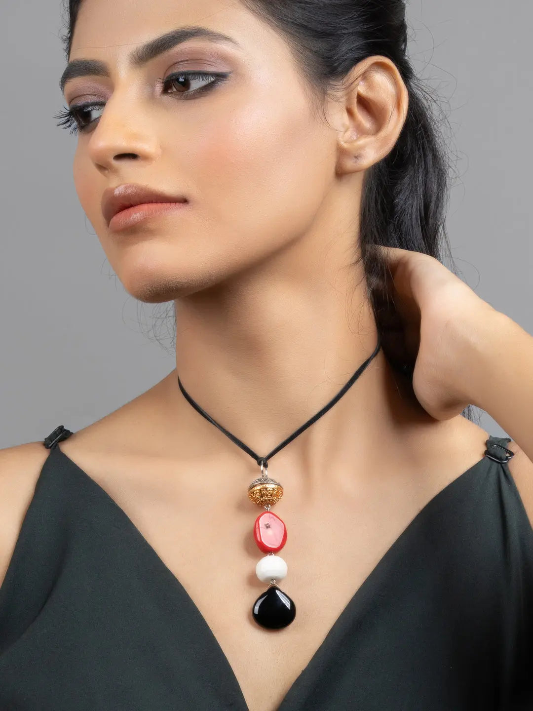 Red Black White Coral Jade Sleek Necklace with Adjustable Suede Cord - Lookandadorn.com