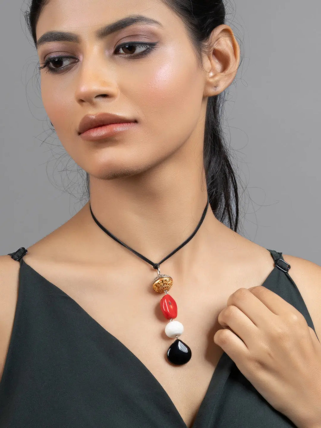 Red Black White Coral Jade Sleek Necklace with Adjustable Suede Cord - Lookandadorn.com