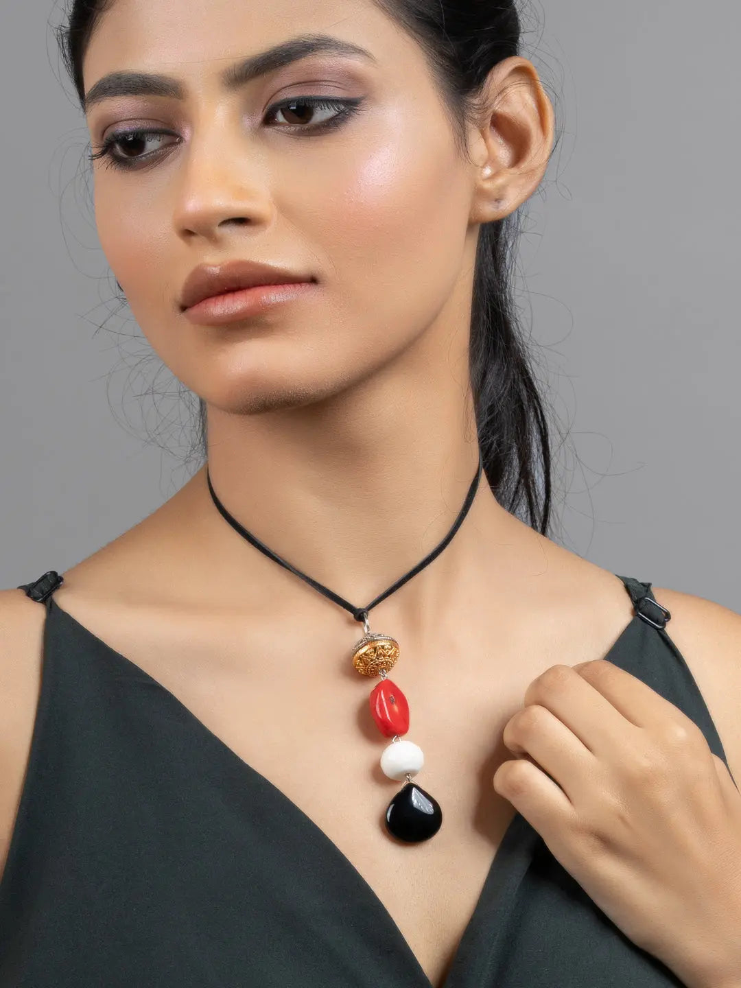 Red Black White Coral Jade Sleek Necklace with Adjustable Suede Cord - Lookandadorn.com