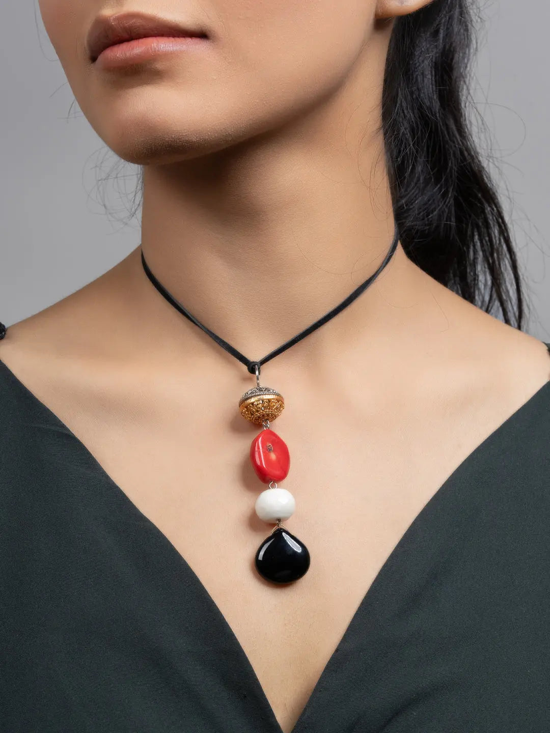 Red Black White Coral Jade Sleek Necklace with Adjustable Suede Cord - Lookandadorn.com