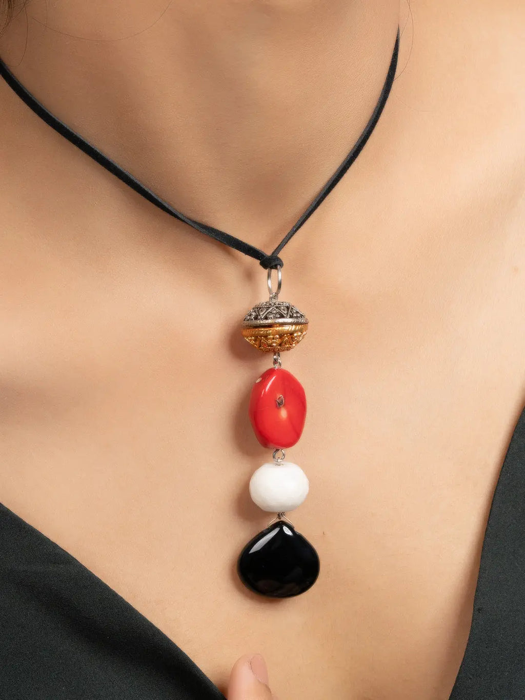 Red Black White Coral Jade Sleek Necklace with Adjustable Suede Cord - Lookandadorn.com
