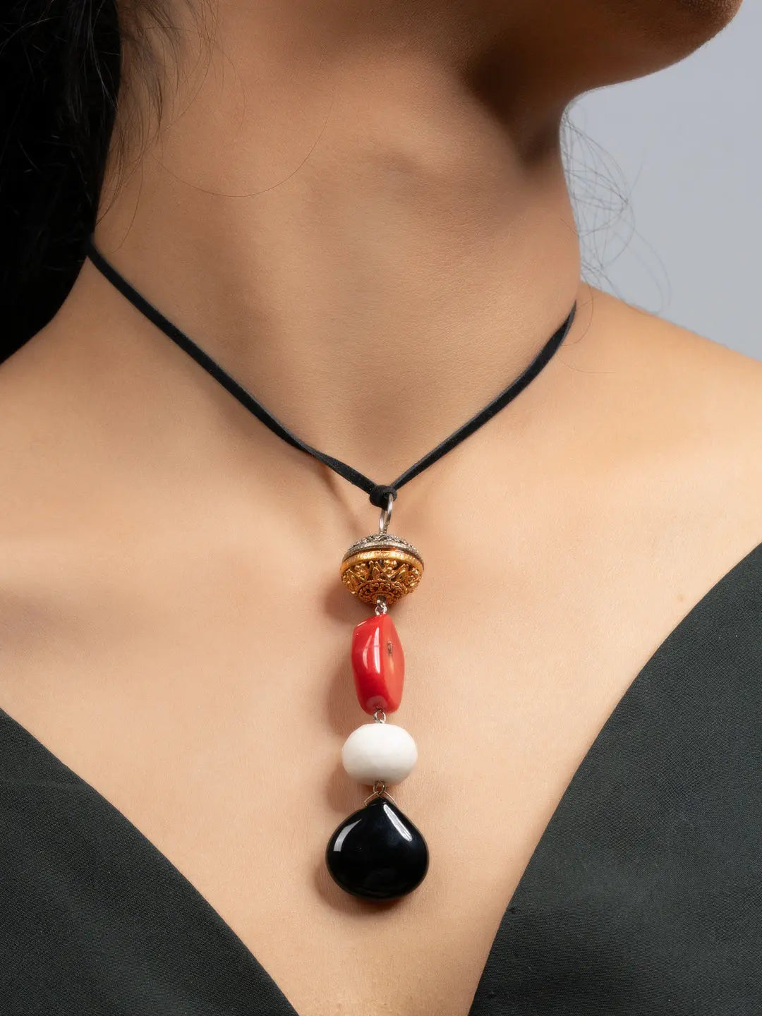 Red Black White Coral Jade Sleek Necklace with Adjustable Suede Cord - Lookandadorn.com