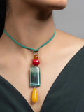 Yellow Green Red Jade Onyx Sleek Necklace with Adjustable Suede Cord