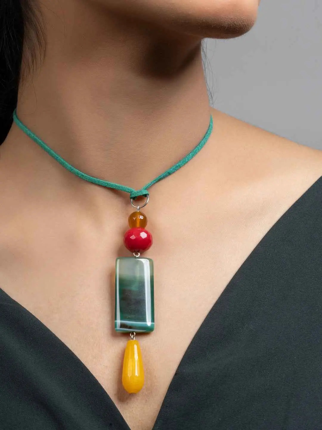 Yellow Green Red Jade Onyx Sleek Necklace with Adjustable Suede Cord