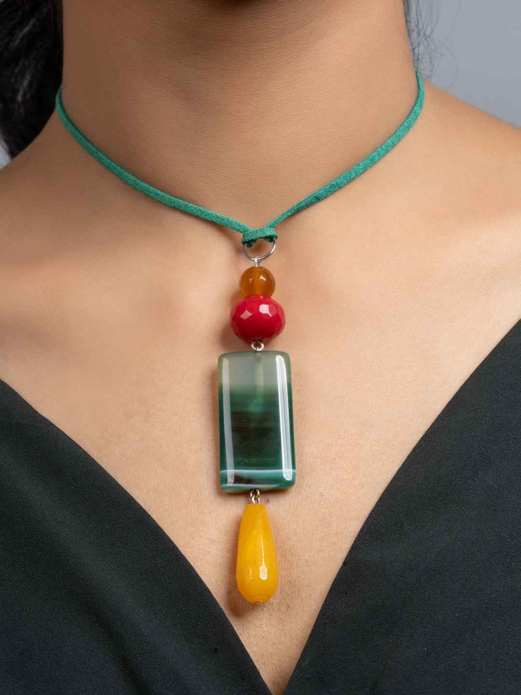 Yellow Green Red Jade Onyx Sleek Necklace with Adjustable Suede Cord