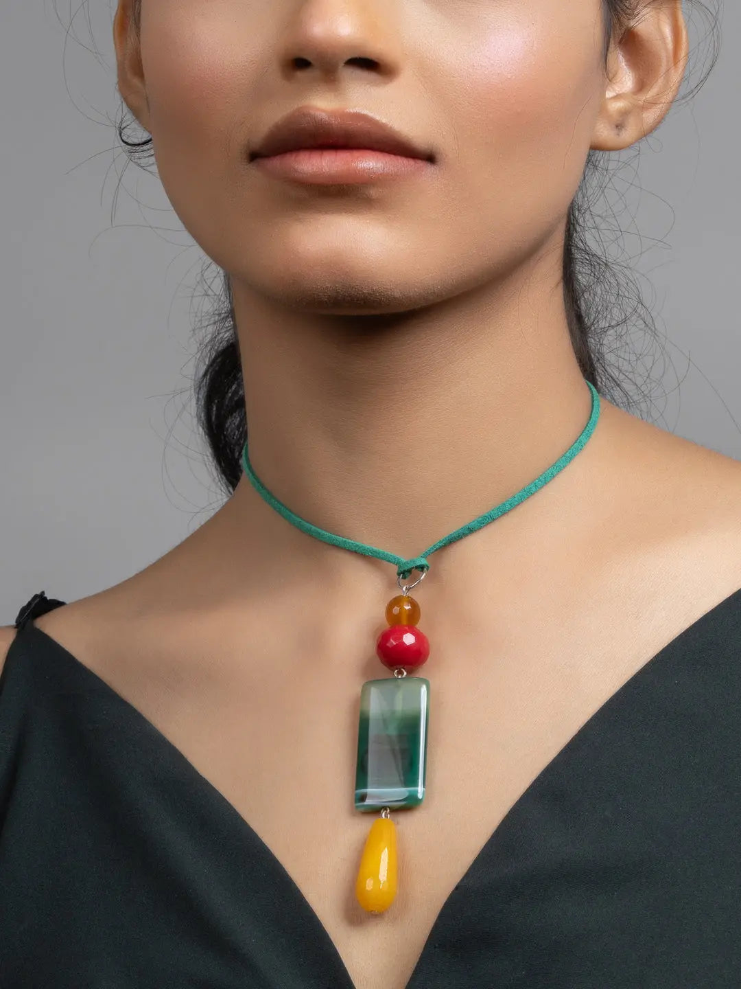 Yellow Green Red Jade Onyx Sleek Necklace with Adjustable Suede Cord - Lookandadorn.com