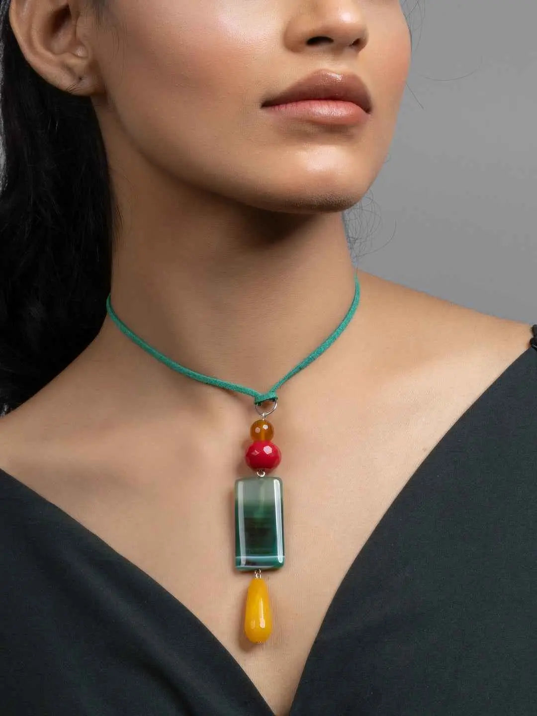 Yellow Green Red Jade Onyx Sleek Necklace with Adjustable Suede Cord